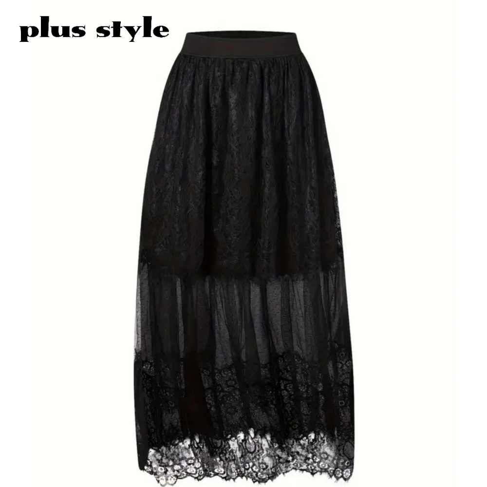 J-20 Lace Sheer Mesh Maxi Skirt, Black